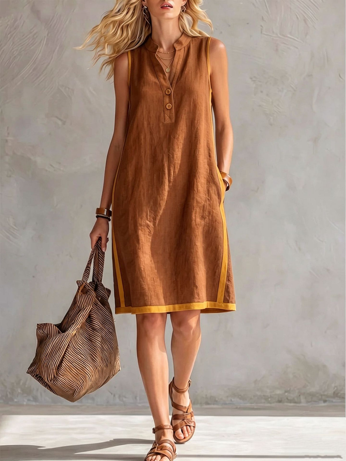 Women's Sleeveless V-Neck Button-Front Pocketed A-Line Midi Dress - Rustic Threads Farm