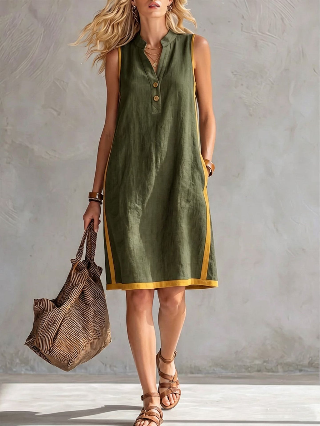 Women's Sleeveless V-Neck Button-Front Pocketed A-Line Midi Dress - Rustic Threads Farm
